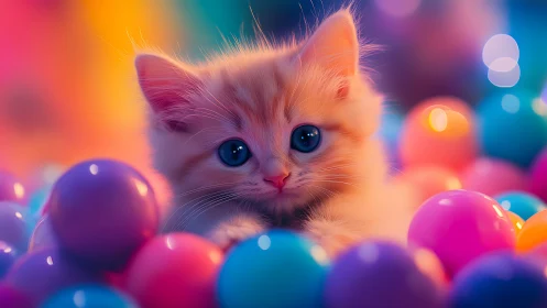 Kitten's Neon Dream: Where Wonder Meets Rainbow Spheres