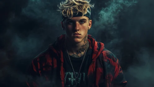 Moody low key portrait of tattooed youth in red streetwear