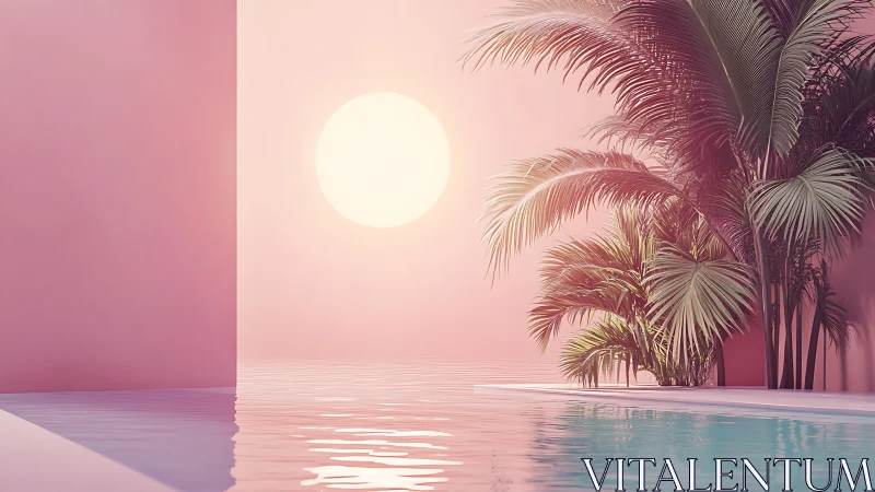 Minimalist pastel poolside sunset with tropical foliage focus.