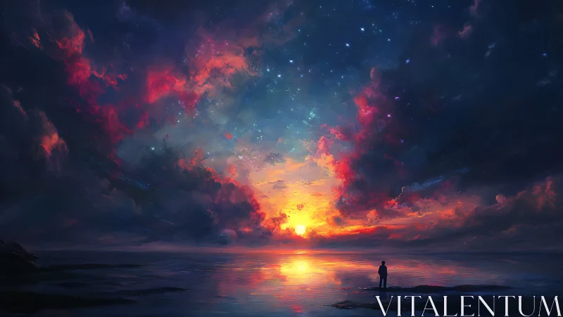 Stargazing silhouette drinks in a storm of cosmic sunset fire