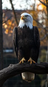 Bald eagle perched on branch in soft autumn light.