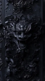 Monolithic matte-black baroque dragon relief with high depth.