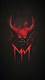 Demonic horned skull emerges in crimson against black void.
