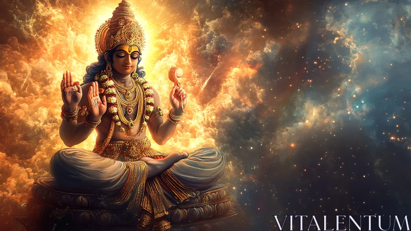 Digital painting of cosmic deity in radiant seated mandala space.