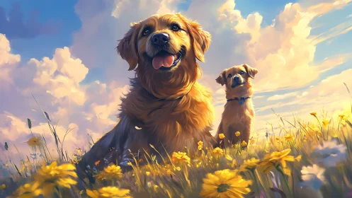 Golden retrievers rest in sunlit wildflower meadow at dusk.