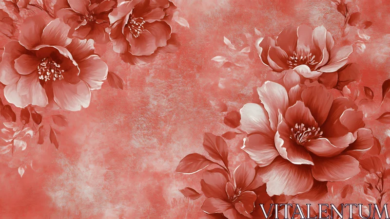 Monochrome red floral illustration shows layered blooming flowers.