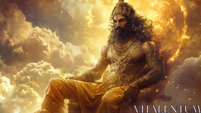 Golden-armored celestial ruler seated amid volumetric sunlit clouds