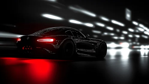 Sleek black sports car slices through neon city night streets.