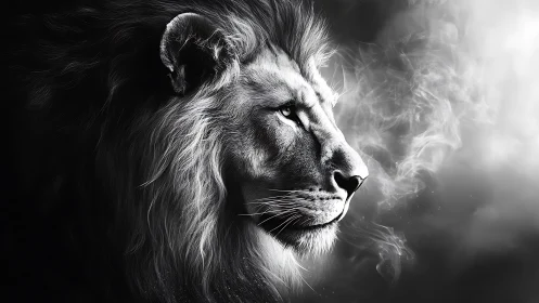 Monochrome lion profile in drifting ethereal smoke.
