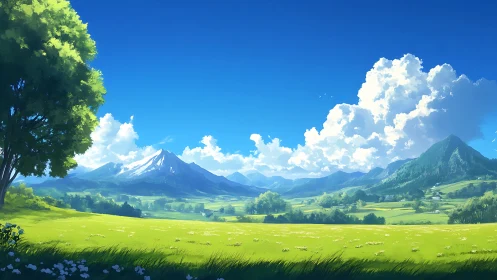 Sunlit valley meadow resting beneath bright summer mountains.