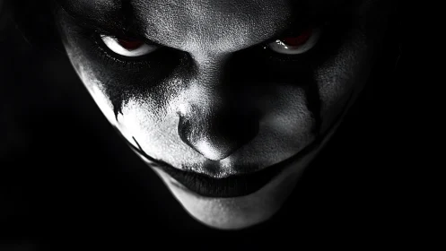 Sinister clown portrait in stark black and white light.
