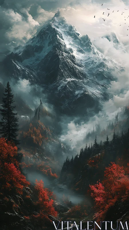 Snow-covered peak above misty valley and red forest.