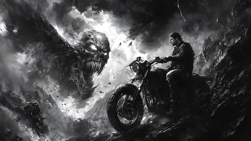 Motorcyclist confronted by large shadow-creature form.