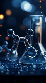 Photorealistic glass molecule structure in laboratory bokeh field.