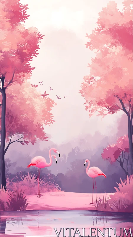 Pink flamingos stand beside misty pastel forest pond