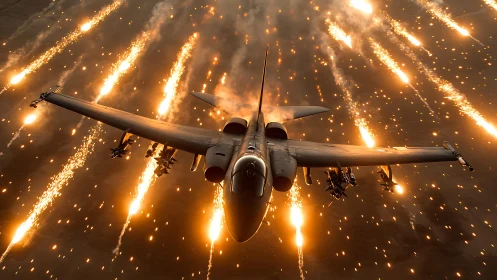 Jet soars through blazing flares in a dramatic night sky