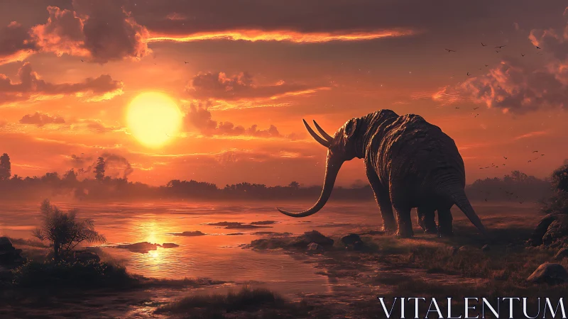 Pleistocene mastodon silhouetted in volumetric sunset haze.