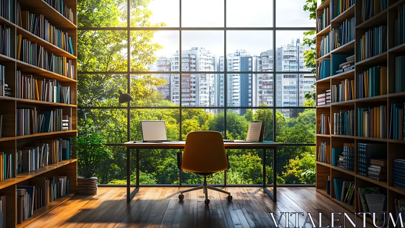 Modern Library Office: Workspace Overlooking Urban Cityscape.