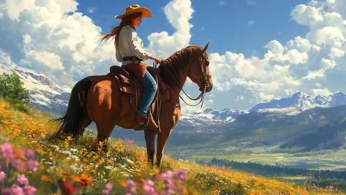 Equestrian surveyor overlooking alpine wildflower valley panorama.