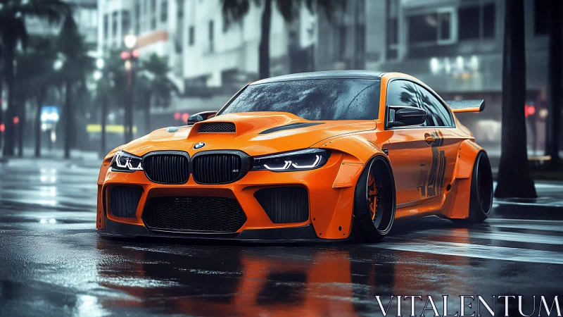 Modified orange BMW coupe occupies wet urban street scene