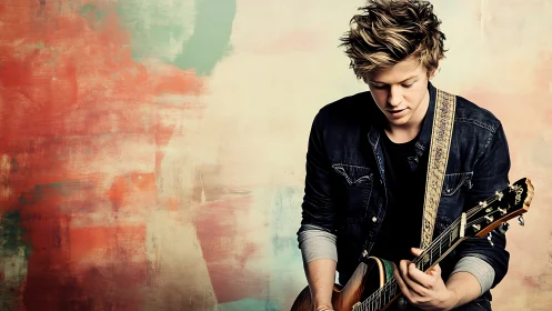 Young guitarist concentrates while playing electric guitar