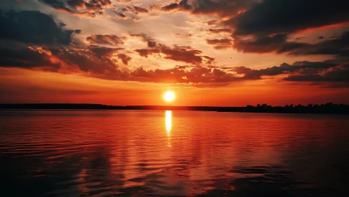 Crimson lake sunset ignites clouds and mirrored water glow.