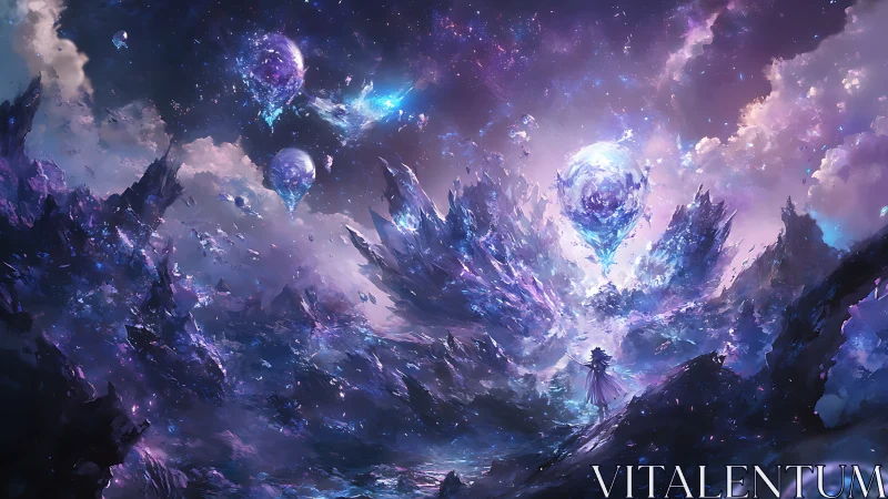 Starlit wanderer greets crystal worlds in a cosmic bloom