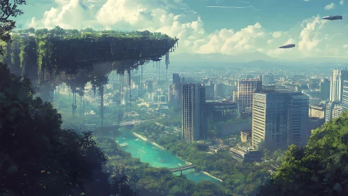 Floating overgrown platform hovers above dense riverside city