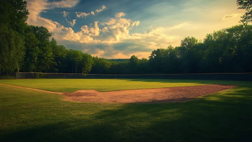 Sunlit baseball infield framed by lush treeline at dusk.