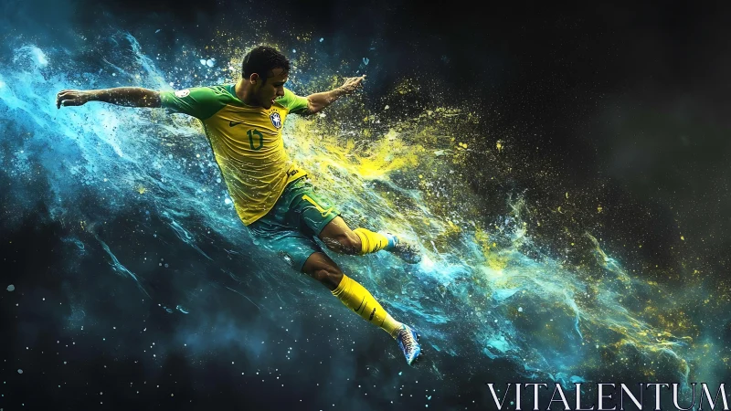 Dynamic soccer player explodes through blue and yellow energy.