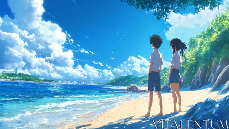 Summer shoreline daydream with two friends by the sea.