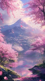 Cherry blossom valley framing snow peak at pastel sunrise.