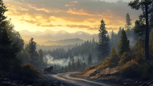 Mountain landscape with forested valley and sunset atmospheric conditions