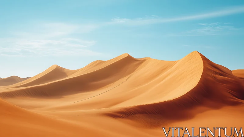 Golden desert dunes under clear blue midday sky.