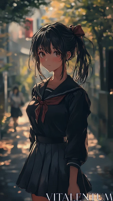 Autumn-lit schoolgirl portrait in soft urban backstreet.