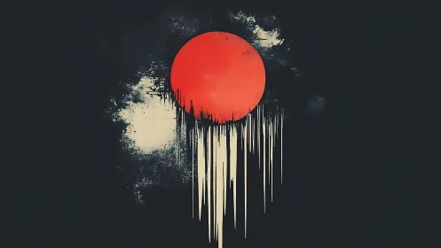Red circular form drips downward over dark textured field