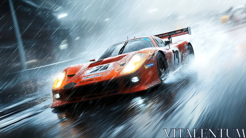 GT endurance race car sliding through heavy rain at speed