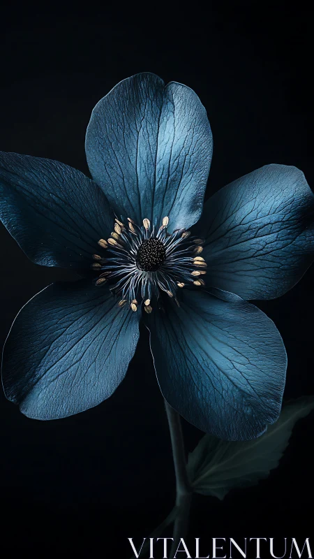 Blue Flower Against Dark Background with Visible Veins