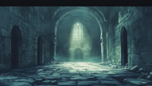 Moonlit ruin hall where stone arches brood in silence.