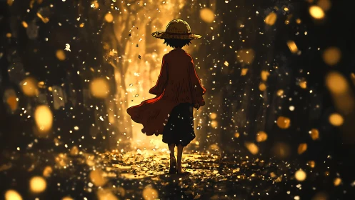 Backlit wanderer framed by volumetric bokeh particles.