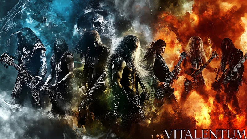 Electric guitar performers stand amid contrasting fire and smoke