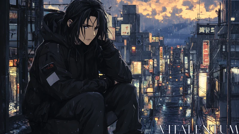 Brooding night watcher rests above a rainy neon city street