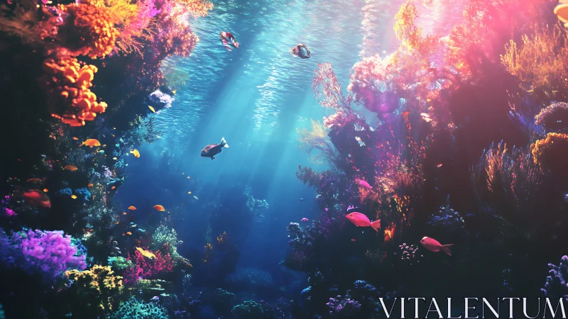 Vibrant tropical coral reef with dappled caustic sunlight beams