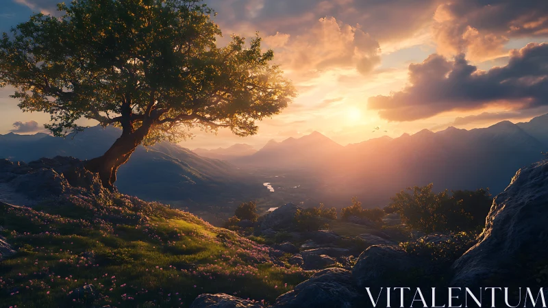 Solitary hillside tree overlooking radiant sunset valley.
