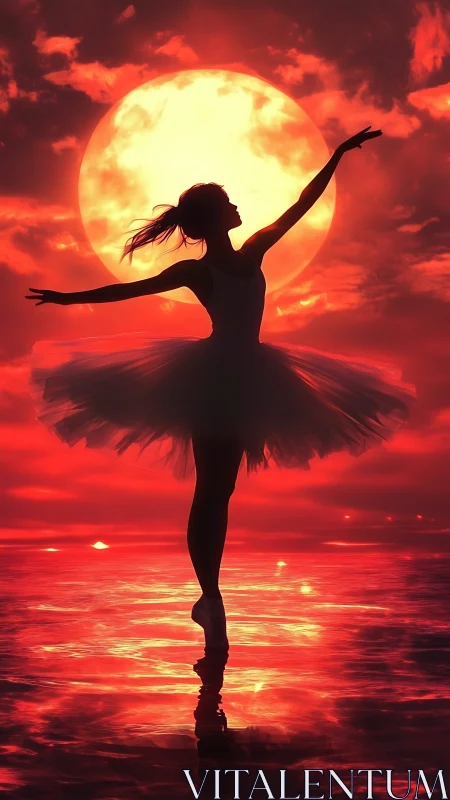 Ballerina silhouette twirls across a molten crimson sunset seascape.