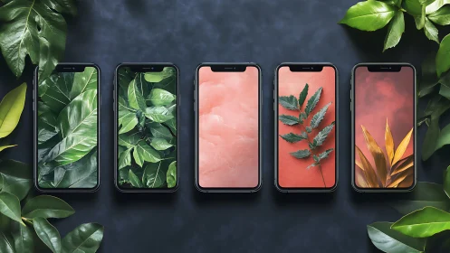 Symmetrical smartphone array with botanical wallpapers and foliage edges