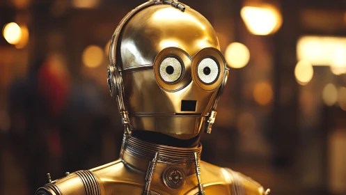 Gold humanoid protocol droid with retro-optical sensors in bokeh-lit hall
