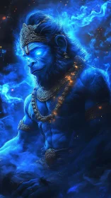 Mystical blue simian deity radiates divine cosmic energy.
