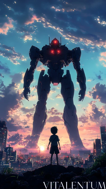 Boy confronts towering battle mech over neon city at dusk.