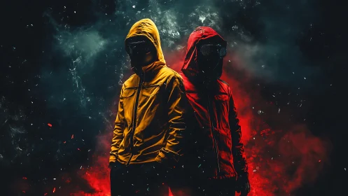 Dual hooded figures in high-contrast neon smoke illumination stand aligned